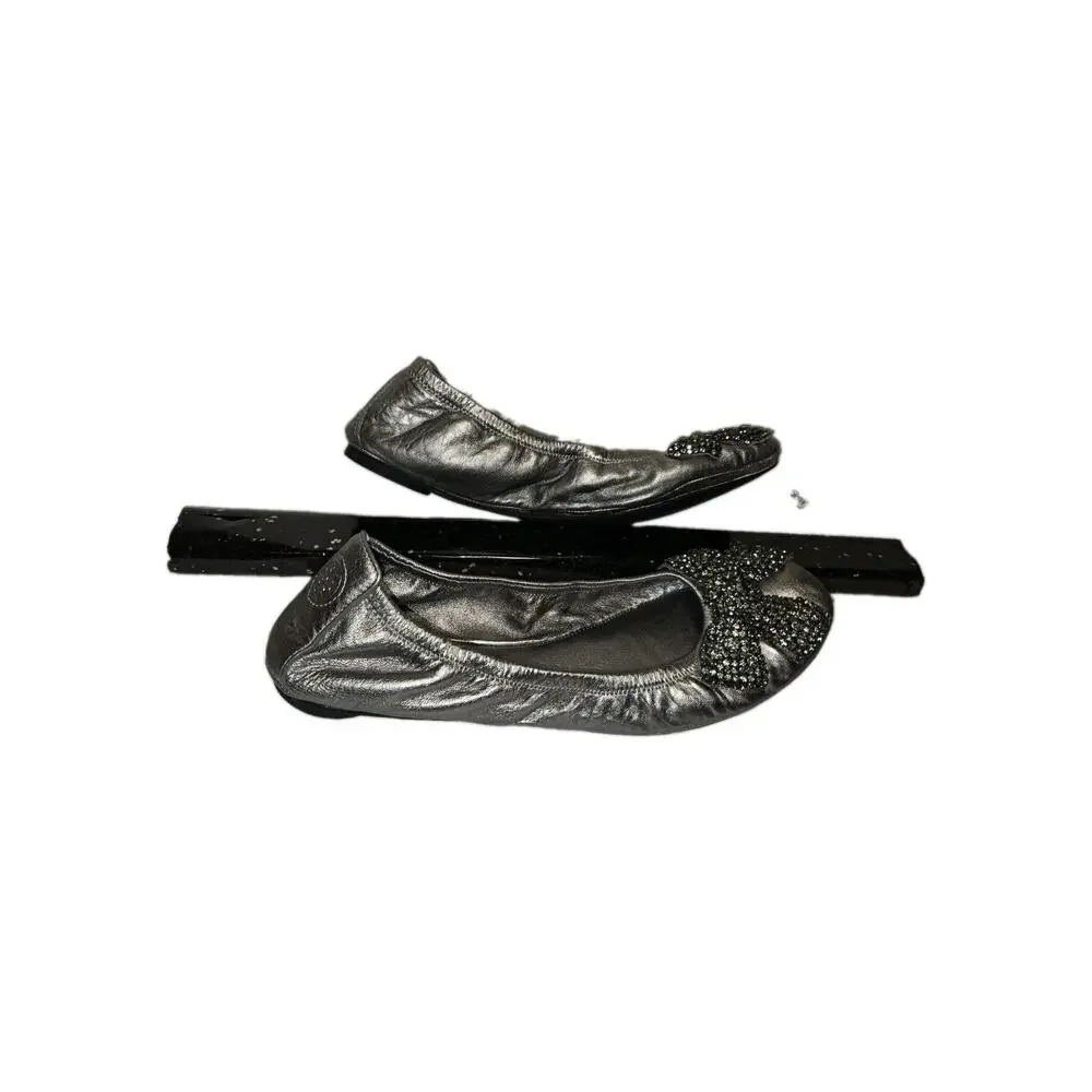Tory Burch Eddie Pewter Leather Rhinestone Bow Ballet Flats Size 10 coquettecore